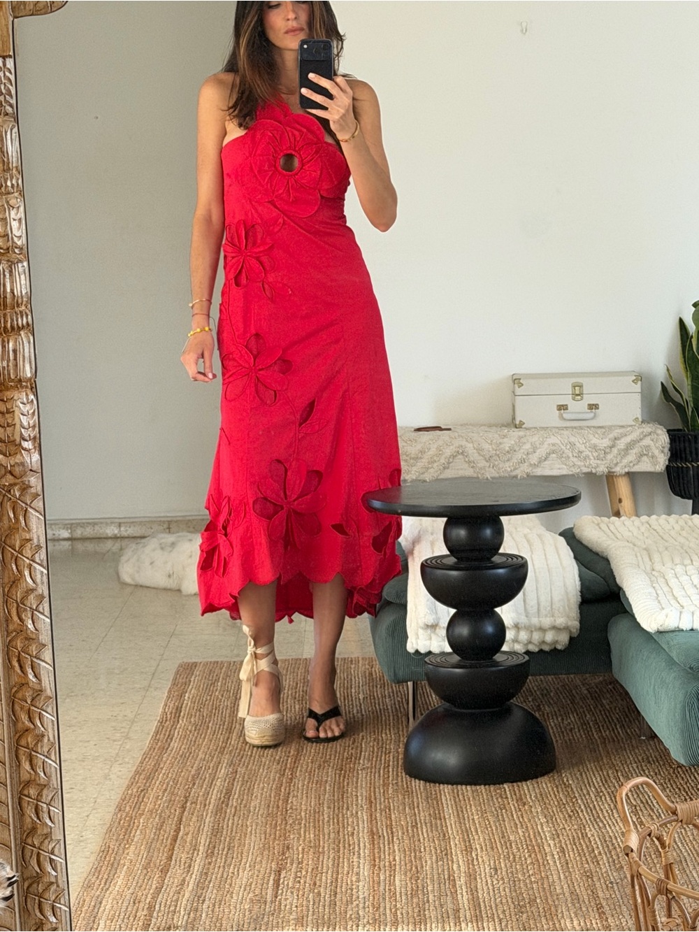 Red Floral Cutout Midi Dress - Women's